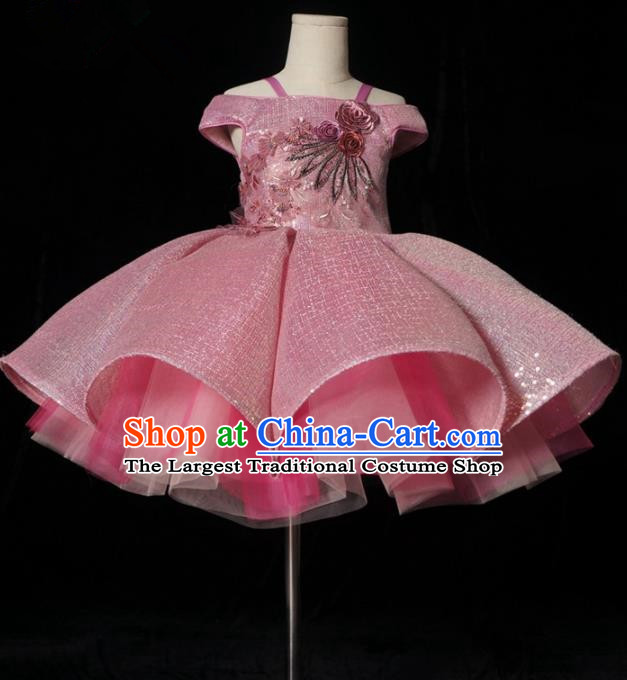 Top Grade Stage Show Dance Compere Pink Bubble Veil Full Dress Catwalks Court Princess Costume for Kids