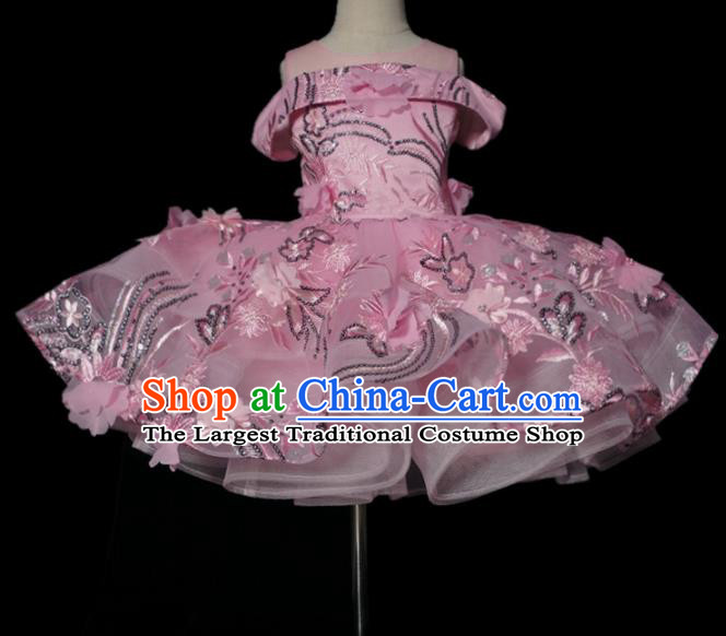 Top Grade Stage Show Compere Pink Short Full Dress Catwalks Court Princess Dance Costume for Kids