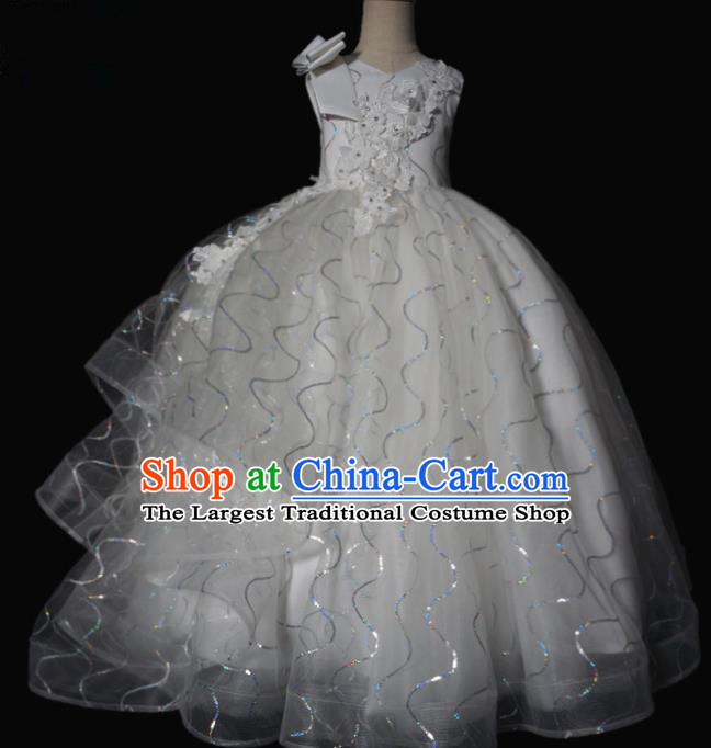 Top Grade Stage Show Compere White Veil Bubble Dress Catwalks Court Princess Dance Costume for Kids