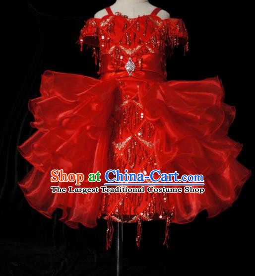 Top Grade Modern Fancywork Compere Red Bubble Dress Catwalks Court Princess Stage Show Dance Costume for Kids