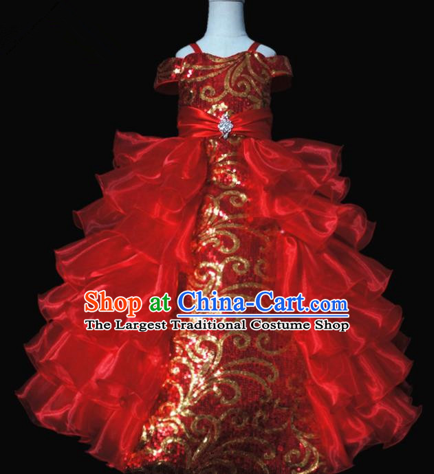 Top Grade Modern Fancywork Compere Red Long Dress Catwalks Court Princess Stage Show Dance Costume for Kids