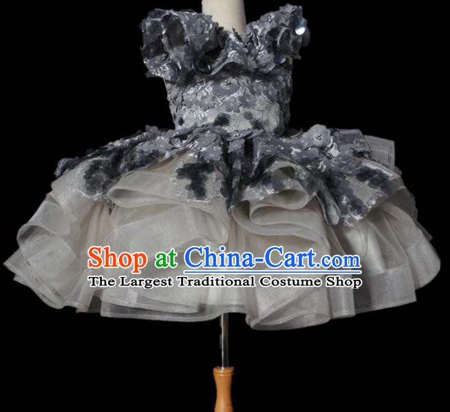 Top Grade Modern Fancywork Compere Grey Flowers Bubble Dress Catwalks Court Princess Stage Show Dance Costume for Kids