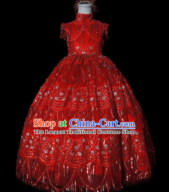 Top Grade Chinese Stage Show Costume Catwalks Dance Embroidered Red Full Dress for Kids