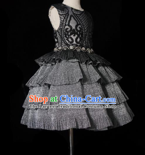 Top Grade Modern Fancywork Compere Grey Bubble Dress Catwalks Court Princess Stage Show Dance Costume for Kids