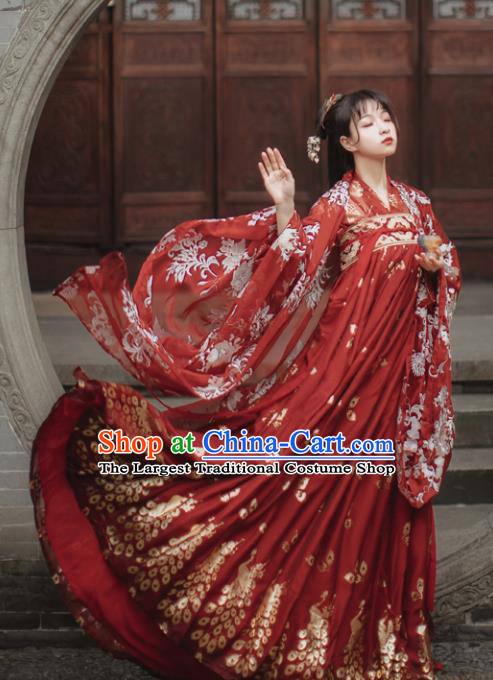 Traditional Chinese Tang Dynasty Court Princess Wedding Historical Costume Traditional Ancient Peri Goddess Red Hanfu Dress for Women