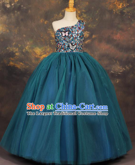 Professional Catwalks Stage Show Peacock Blue Dress Modern Fancywork Compere Court Princess Dance Costume for Kids