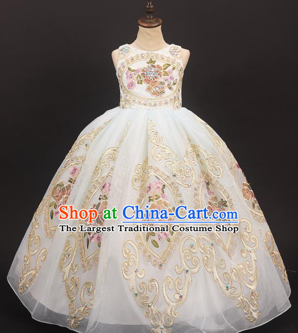 Professional Catwalks Stage Show Waltz Dance Embroidered Dress Modern Fancywork Compere Court Princess Costume for Kids