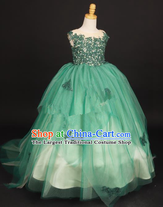 Professional Girls Compere Green Veil Trailing Full Dress Modern Fancywork Catwalks Stage Show Costume for Kids