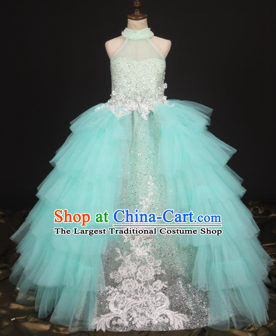 Professional Girls Compere Light Blue Veil Full Dress Modern Fancywork Catwalks Stage Show Costume for Kids