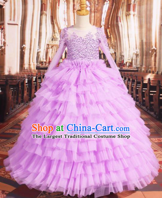 Professional Girls Compere Purple Veil Full Dress Modern Fancywork Catwalks Stage Show Costume for Kids