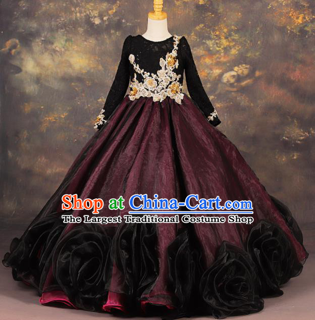 Professional Girls Compere Embroidered Trailing Full Dress Modern Fancywork Catwalks Stage Show Costume for Kids