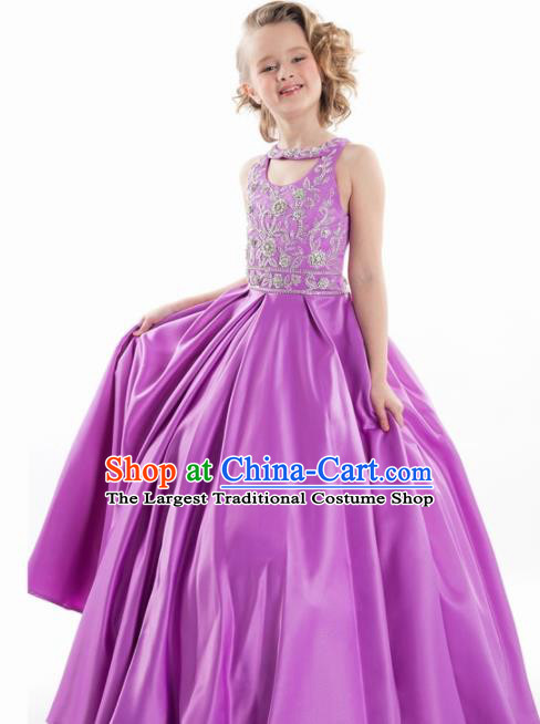 Professional Girls Compere Purple Full Dress Modern Fancywork Catwalks Stage Show Costume for Kids