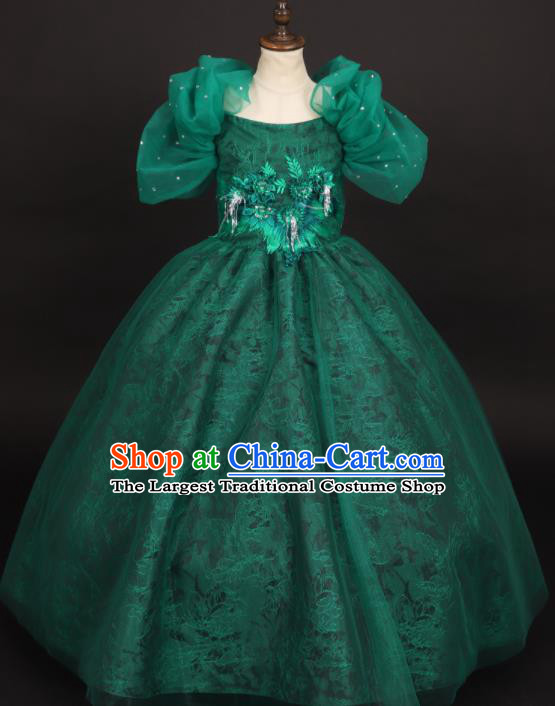 Professional Girls Compere Deep Green Veil Full Dress Modern Fancywork Catwalks Stage Show Costume for Kids