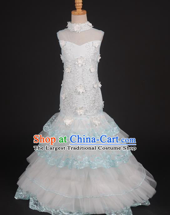 Professional Girls Compere White Mermaid Full Dress Modern Fancywork Catwalks Stage Show Costume for Kids