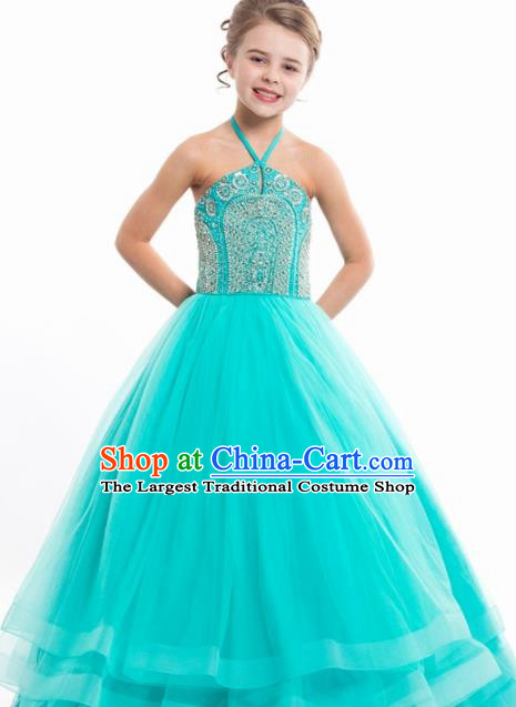 Professional Girls Compere Green Veil Full Dress Modern Fancywork Catwalks Stage Show Costume for Kids