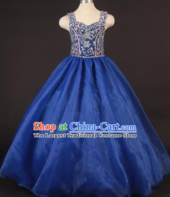 Professional Girls Compere Royalblue Veil Long Full Dress Modern Fancywork Catwalks Stage Show Costume for Kids