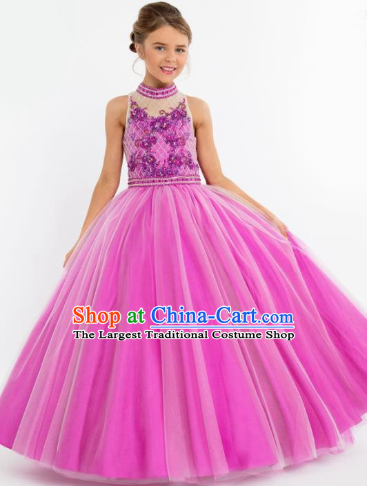 Professional Girls Compere Rosy Veil Long Full Dress Modern Fancywork Catwalks Stage Show Costume for Kids