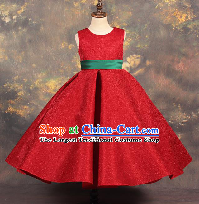 Professional Catwalks Stage Show Dance Red Dress Modern Fancywork Compere Court Princess Costume for Kids