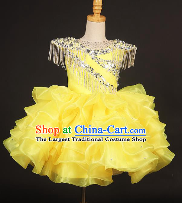 Professional Catwalks Stage Show Dance Yellow Veil Short Dress Modern Fancywork Compere Court Princess Costume for Kids