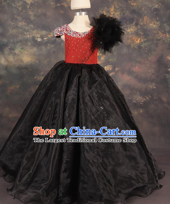 Professional Catwalks Stage Show Dance Black Veil Long Dress Modern Fancywork Compere Court Princess Costume for Kids