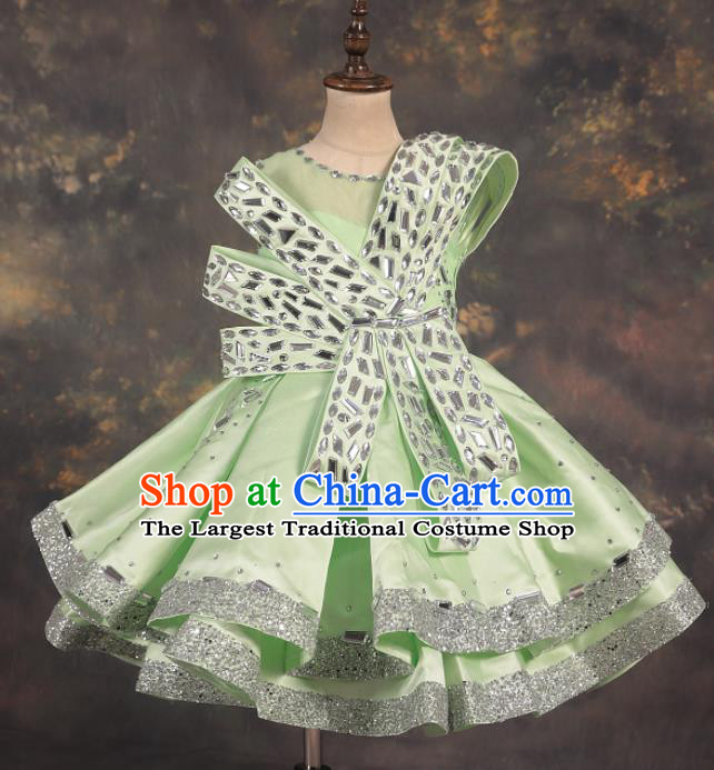 Professional Catwalks Stage Show Dance Crystal Green Dress Modern Fancywork Compere Court Princess Costume for Kids