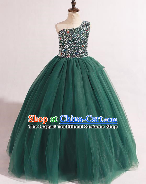 Professional Girls Compere Deep Green Veil Long Full Dress Modern Fancywork Catwalks Stage Show Costume for Kids