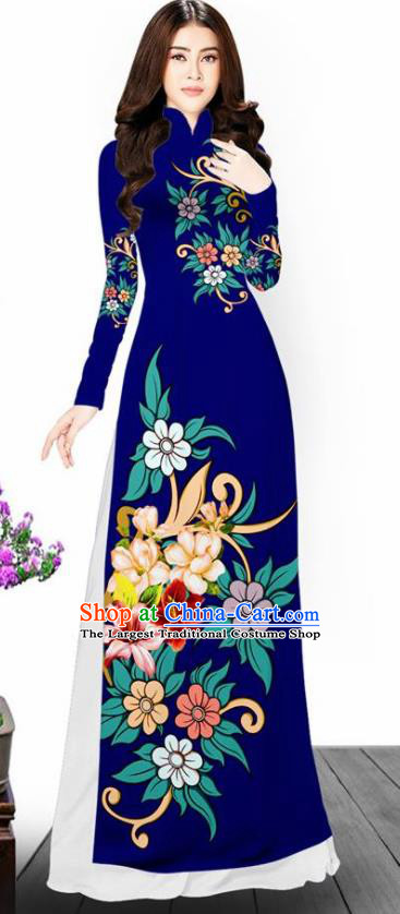 Asian Vietnam Traditional Printing Flowers Royalblue Aodai Cheongsam Vietnamese Bride Classical Qipao Dress for Women