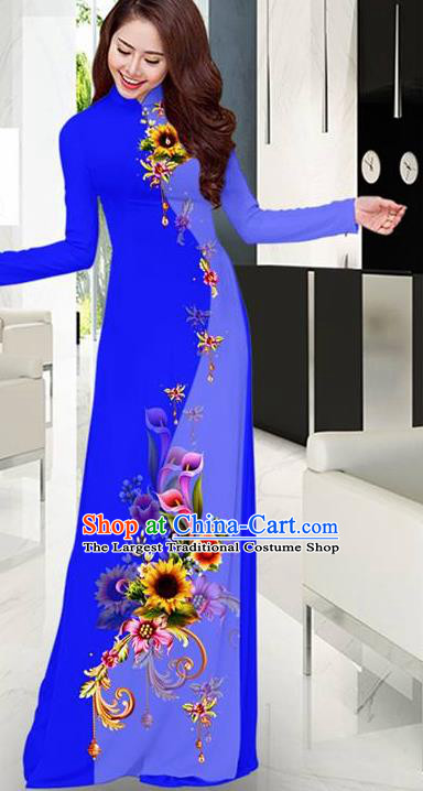 Royalblue Aodai Cheongsam Asian Vietnam Traditional Costume Vietnamese Bride Classical Qipao Dress for Women