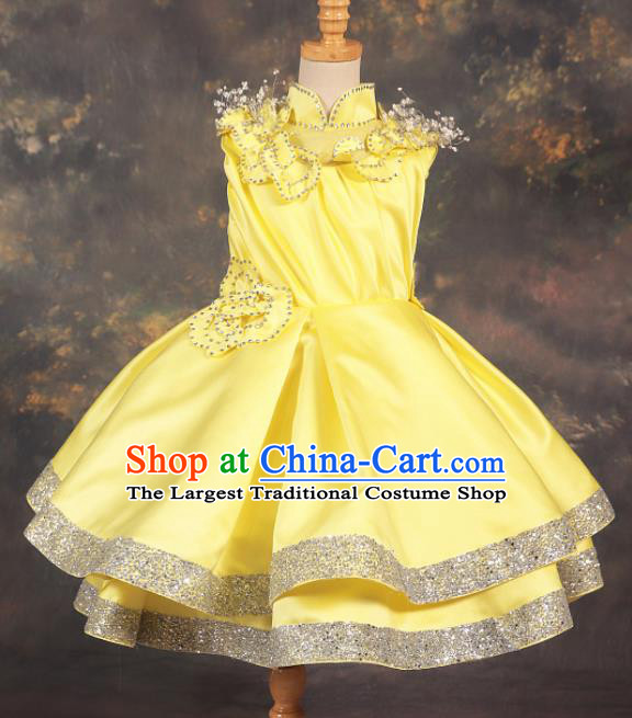 Professional Catwalks Stage Show Dance Yellow Dress Modern Fancywork Compere Court Princess Costume for Kids