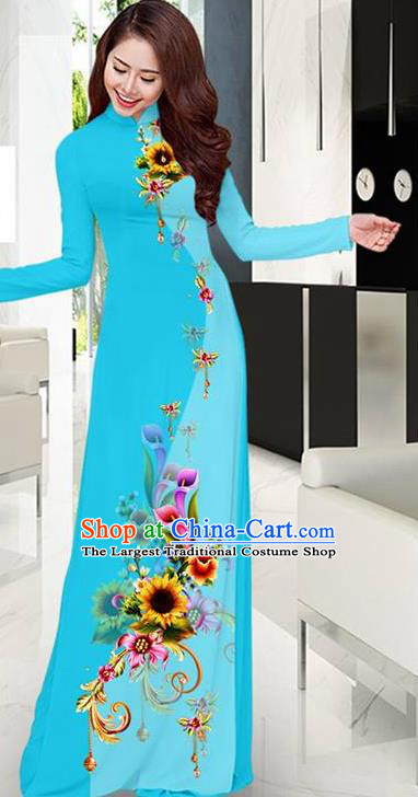 Light Blue Aodai Cheongsam Asian Vietnam Traditional Costume Vietnamese Bride Classical Qipao Dress for Women