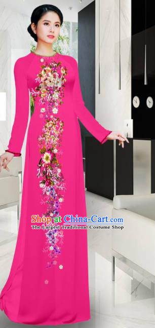 Asian Printing Flowers Rosy Aodai Cheongsam Vietnam Traditional Costume Vietnamese Bride Classical Qipao Dress for Women