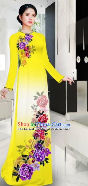 Asian Printing Roses Yellow Aodai Cheongsam Vietnam Traditional Costume Vietnamese Bride Classical Qipao Dress for Women