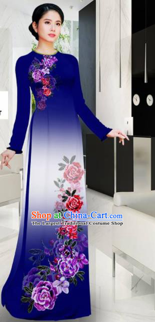 Asian Printing Roses Navy Aodai Cheongsam Vietnam Traditional Costume Vietnamese Bride Classical Qipao Dress for Women