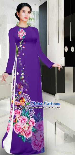 Asian Vietnam Printing Roses Purple Aodai Cheongsam Traditional Costume Vietnamese Bride Classical Qipao Dress for Women