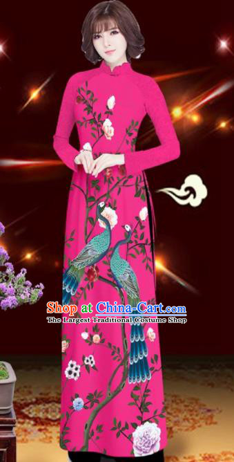 Asian Vietnam Printing Peacock Rose Rosy Aodai Cheongsam Traditional Costume Vietnamese Bride Classical Qipao Dress for Women