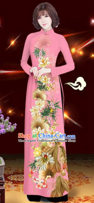 Asian Vietnam Printing Lotus Pink Aodai Cheongsam Traditional Costume Vietnamese Bride Classical Qipao Dress for Women