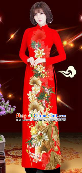 Asian Vietnam Printing Lotus Red Aodai Cheongsam Traditional Costume Vietnamese Bride Classical Qipao Dress for Women