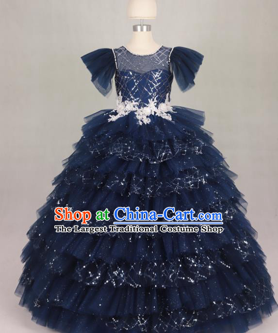 Professional Girls Compere Waltz Dance Navy Full Dress Modern Fancywork Catwalks Stage Show Costume for Kids