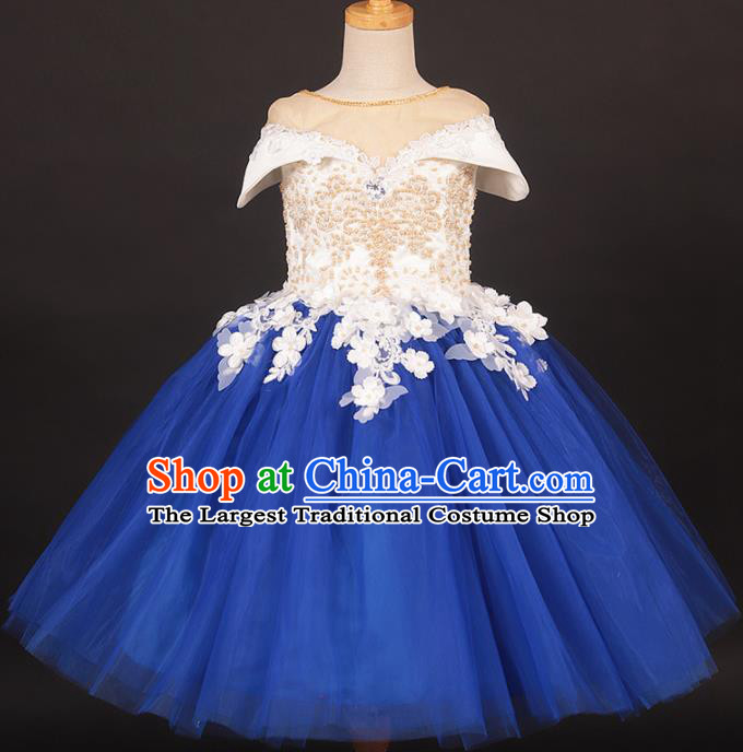 Professional Catwalks Stage Show Dance Blue Veil Dress Modern Fancywork Compere Court Princess Costume for Kids