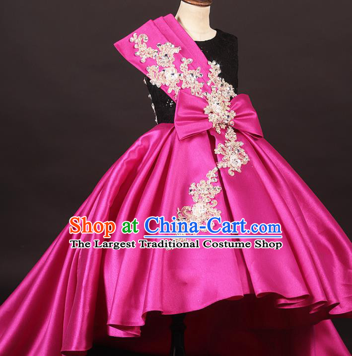 Professional Catwalks Stage Show Dance Rosy Satin Trailing Dress Modern Fancywork Compere Court Princess Costume for Kids