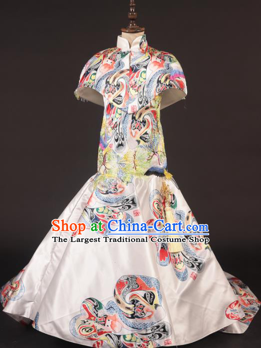 Chinese Stage Performance White Qipao Catwalks Full Dress Modern Fancywork Dance Costume for Kids