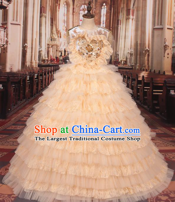 Professional Girls Catwalks Stage Show Dance Champagne Veil Dress Modern Fancywork Compere Court Princess Costume for Kids