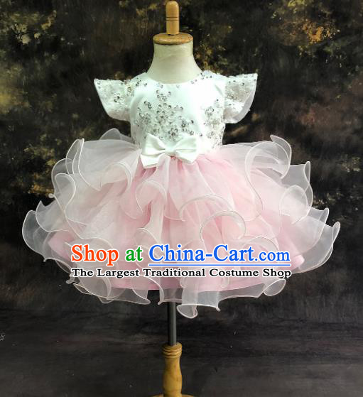 Professional Catwalks Stage Show Pink Bubble Dress Modern Fancywork Compere Court Princess Dance Costume for Kids