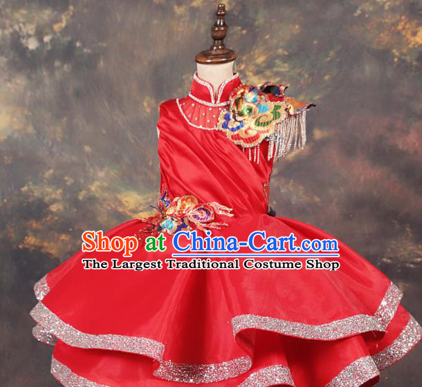 Chinese Stage Performance Folk Dance Catwalks Red Full Dress Modern Fancywork Dance Costume for Kids