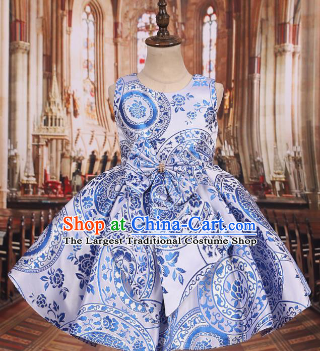 Professional Girls Catwalks Waltz Dance Printing White Dress Modern Fancywork Compere Stage Show Costume for Kids