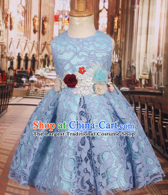 Professional Girls Catwalks Waltz Dance Blue Lace Dress Modern Fancywork Compere Stage Show Costume for Kids