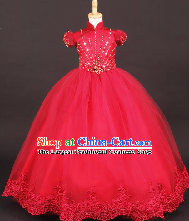 Professional Girls Catwalks Waltz Dance Rosy Veil Long Dress Modern Fancywork Compere Stage Show Costume for Kids
