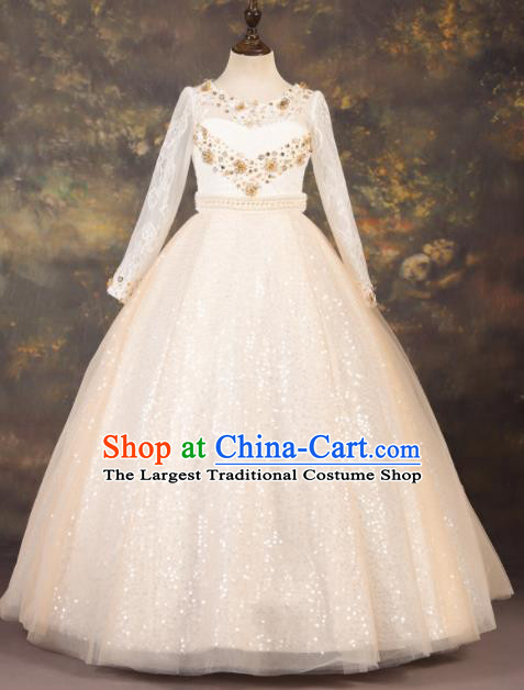 Professional Catwalks Stage Show Dance Champagne Veil Dress Modern Fancywork Compere Court Princess Costume for Kids