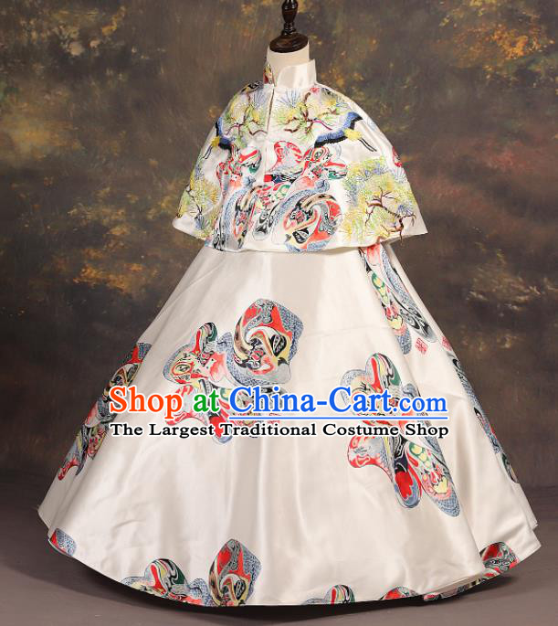 Chinese Stage Performance Catwalks Embroidered White Full Dress Modern Fancywork Dance Costume for Kids