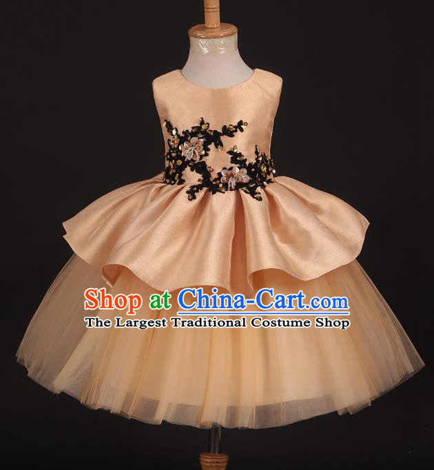 Professional Girls Catwalks Golden Short Dress Modern Fancywork Compere Stage Show Costume for Kids